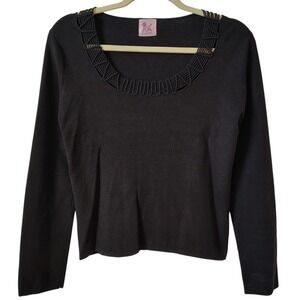 Vintage Pink Poodle Womens Top‎ Black Knit Rope Detail Long Sleeve Trendy